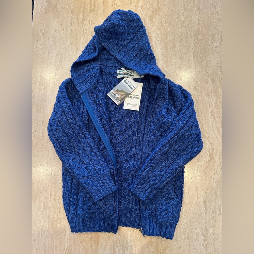 Blue Hooded Wool Cable Knit Cardigan